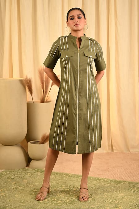 Veera Wear Green Cotton Embellished Stripe Stand Collar Pattern Dress 