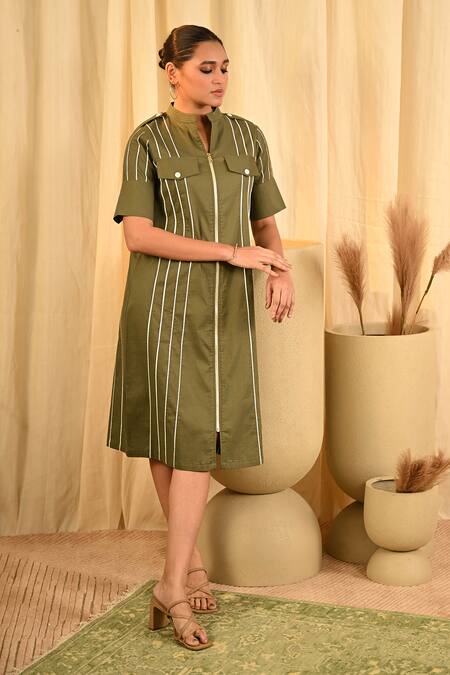 Buy Veera Wear Green Cotton Collared Stripe Pattern Dress Online at Aza Fashions Buy_Veera Wear_Green Cotton Collared Stripe Pattern Dress _Online_at_Aza_Fashions