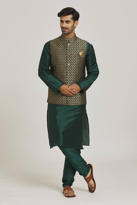Shop Arihant Rai Sinha Green Jacquard, Silk Embroidery Bloom Motif Bundi And Kurta Set Online at Aza Fashions Shop_Arihant Rai Sinha_Green Jacquard, Silk Embroidery Bloom Motif Bundi And Kurta Set _Online_at_Aza_Fashions