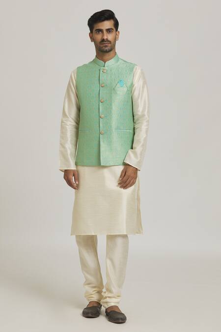 Buy_Arihant Rai Sinha_Green Jacquard, Silk Embroidery Bloom Pattern Bundi And Kurta Set_Online_at_Aza_Fashions
