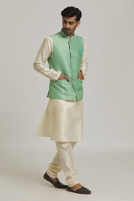 Shop_Arihant Rai Sinha_Green Jacquard, Silk Embroidery Bloom Pattern Bundi And Kurta Set_Online_at_Aza_Fashions