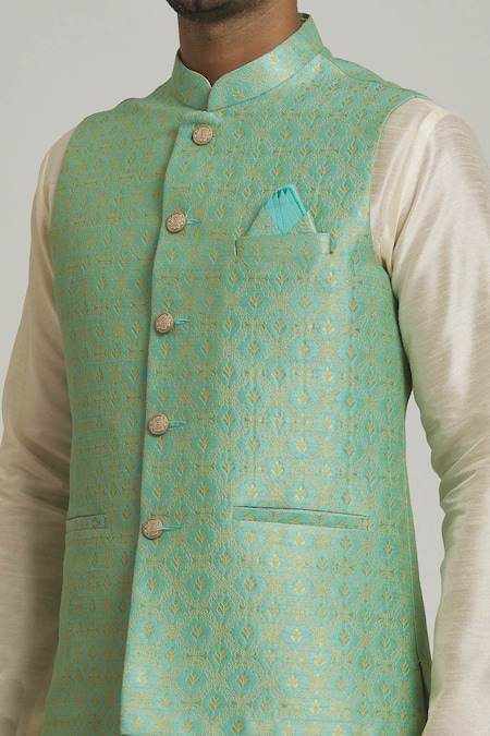 Arihant Rai Sinha_Green Jacquard, Silk Embroidery Bloom Pattern Bundi And Kurta Set_at_Aza_Fashions