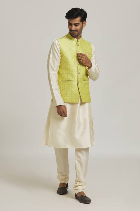Arihant Rai Sinha Yellow Silk Patchwork Bloom Woven Band Collar Bundi Online at Aza Fashions Arihant Rai Sinha_Yellow Silk Patchwork Bloom Woven Band Collar Bundi _Online_at_Aza_Fashions