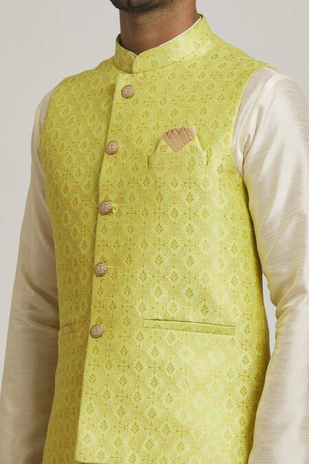 Buy Arihant Rai Sinha Yellow Silk Patchwork Bloom Woven Band Collar Bundi Online at Aza Fashions Buy_Arihant Rai Sinha_Yellow Silk Patchwork Bloom Woven Band Collar Bundi _Online_at_Aza_Fashions