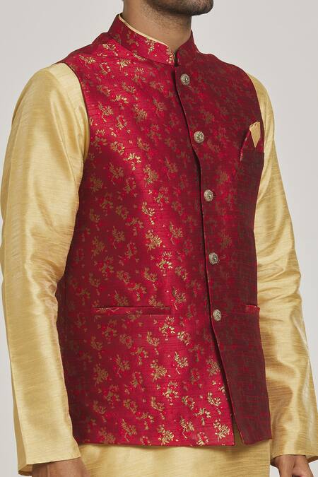 Shop Arihant Rai Sinha Maroon Silk Embroidery Bloom Pattern Bundi Online at Aza Fashions Shop_Arihant Rai Sinha_Maroon Silk Embroidery Bloom Pattern Bundi _Online_at_Aza_Fashions