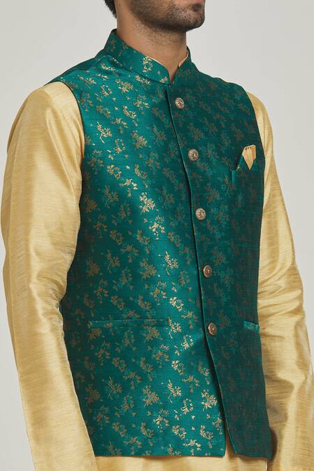 Shop_Arihant Rai Sinha_Green Silk Embroidery Bloom Motif Bundi_Online_at_Aza_Fashions