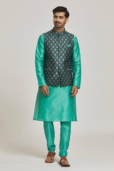 Buy_Arihant Rai Sinha_Gray Jacquard, Silk Embroidery Garden Pattern Bundi And Kurta Set_Online_at_Aza_Fashions