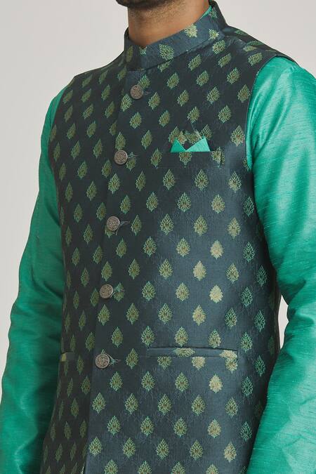 Shop_Arihant Rai Sinha_Gray Jacquard, Silk Embroidery Garden Pattern Bundi And Kurta Set_Online_at_Aza_Fashions