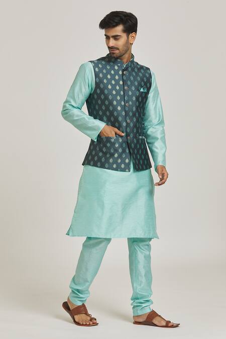 Buy_Arihant Rai Sinha_Gray Jacquard, Silk Embroidery Garden Pattern Bundi And Kurta Set _Online_at_Aza_Fashions