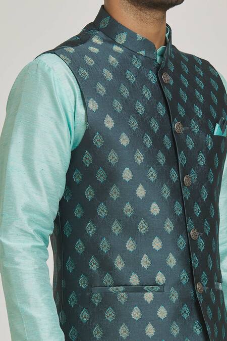 Shop_Arihant Rai Sinha_Gray Jacquard, Silk Embroidery Garden Pattern Bundi And Kurta Set _Online_at_Aza_Fashions