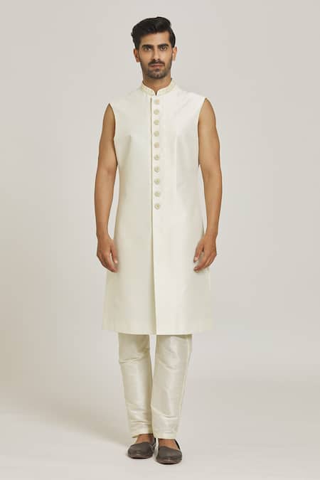 Arihant Rai Sinha_Cream Silk Embroidery, Sequins Work Sherwani And Pant Set _Online_at_Aza_Fashions