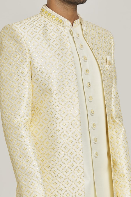Shop_Arihant Rai Sinha_Cream Silk Embroidery, Sequins Work Sherwani And Pant Set _Online_at_Aza_Fashions