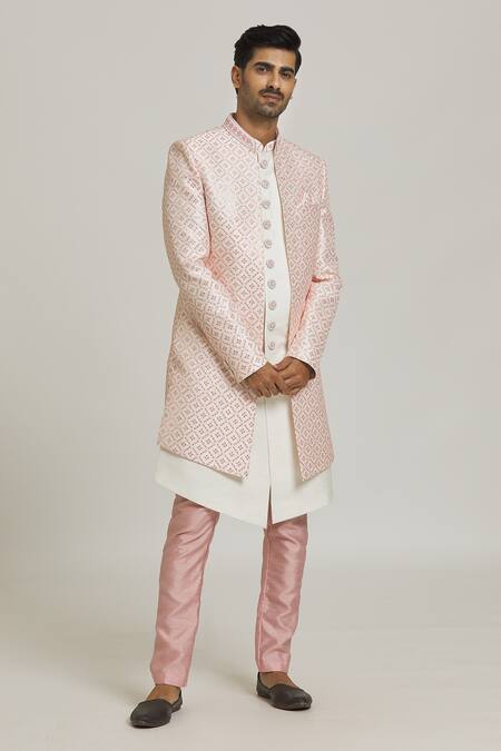 Shop_Arihant Rai Sinha_Pink Silk, Polyester Sequins Work Sherwani Set _Online_at_Aza_Fashions