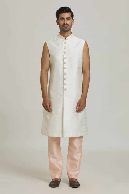 Arihant Rai Sinha_Peach Silk, Cotton Sequins Work Front Open Sherwani Set _at_Aza_Fashions