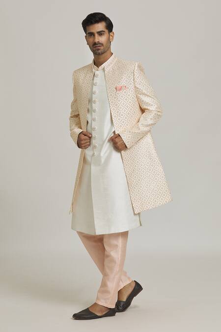 Arihant Rai Sinha_Peach Silk, Cotton Sequins Work Front Open Sherwani Set _Online_at_Aza_Fashions
