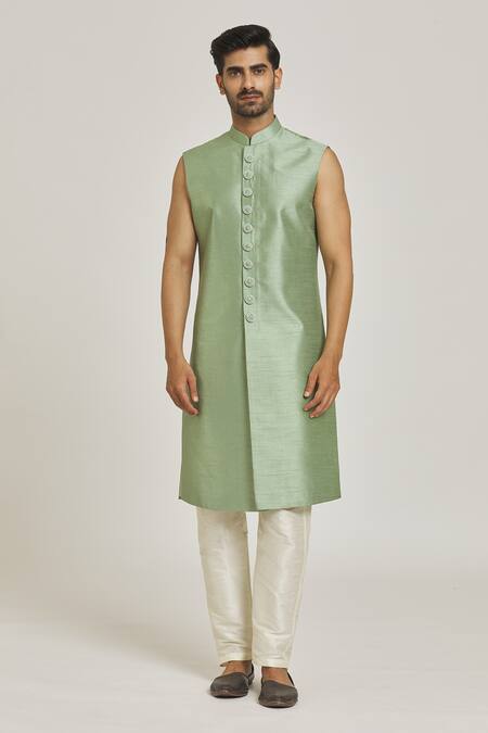 Buy_Arihant Rai Sinha_Green Silk, Polyester Embroidery Thread Work And Printed Sherwani Set _Online_at_Aza_Fashions