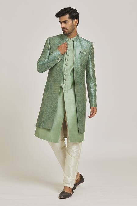 Shop_Arihant Rai Sinha_Green Silk, Polyester Embroidery Thread Work And Printed Sherwani Set _Online_at_Aza_Fashions