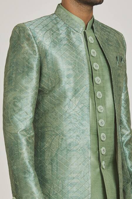 Arihant Rai Sinha_Green Silk, Polyester Embroidery Thread Work And Printed Sherwani Set _at_Aza_Fashions