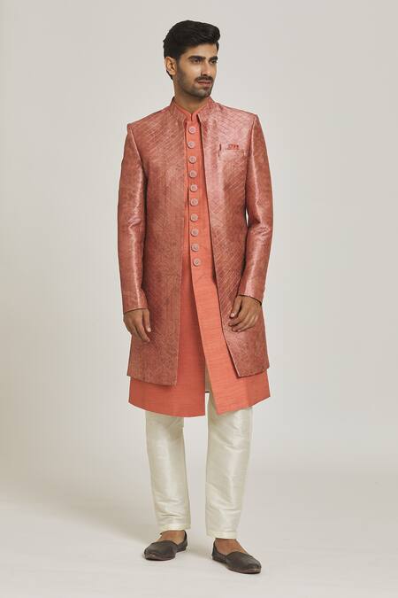 Shop_Arihant Rai Sinha_Pink Silk, Polyester Embroidery Checkered And Printed Sherwani Set _Online_at_Aza_Fashions