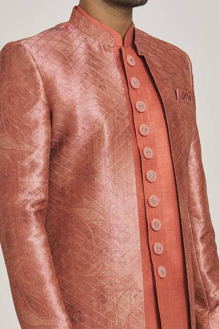 Arihant Rai Sinha_Pink Silk, Polyester Embroidery Checkered And Printed Sherwani Set _at_Aza_Fashions