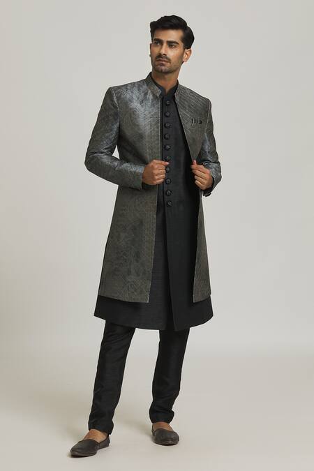 Buy_Adara Khan_Grey , Dupion Thread Work And Printed Sherwani Set_Online_at_Aza_Fashions