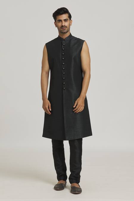 Buy_Samyukta Singhania_Black Silk, Cotton, Polyester Embroidery Floral Print Sherwani Set _Online_at_Aza_Fashions