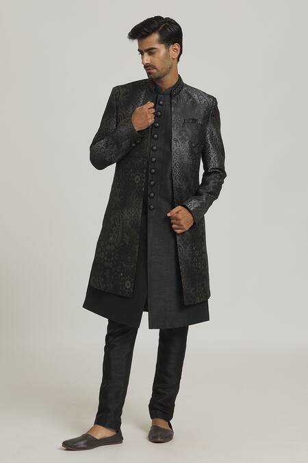 Shop_Samyukta Singhania_Black Silk, Cotton, Polyester Embroidery Floral Print Sherwani Set _Online_at_Aza_Fashions