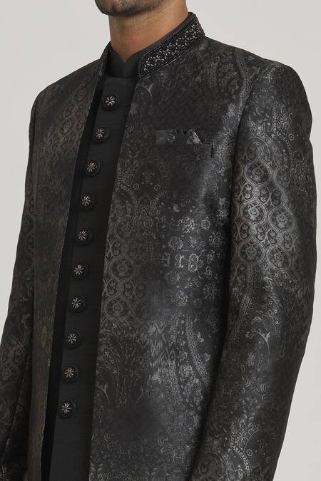 Samyukta Singhania_Black Silk, Cotton, Polyester Embroidery Floral Print Sherwani Set _at_Aza_Fashions