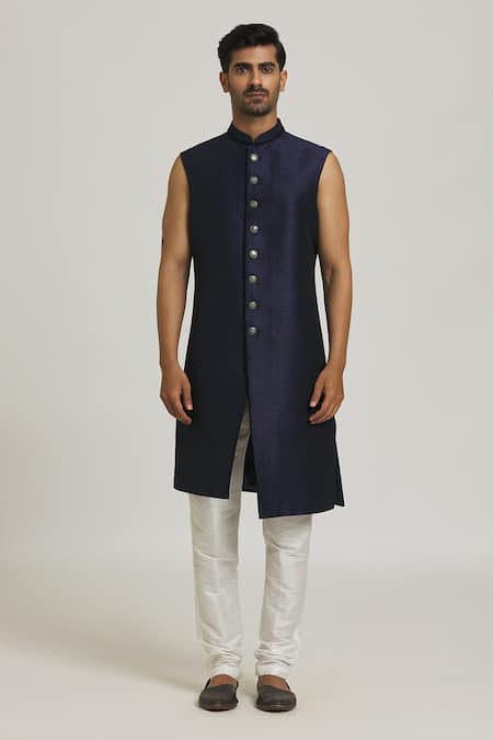 Arihant Rai Sinha_Blue Velvet, Silk, Acrylic Sequins Work Sherwani And Pant Set _Online_at_Aza_Fashions