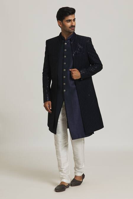 Buy_Arihant Rai Sinha_Blue Velvet, Silk, Acrylic Sequins Work Sherwani And Pant Set _Online_at_Aza_Fashions