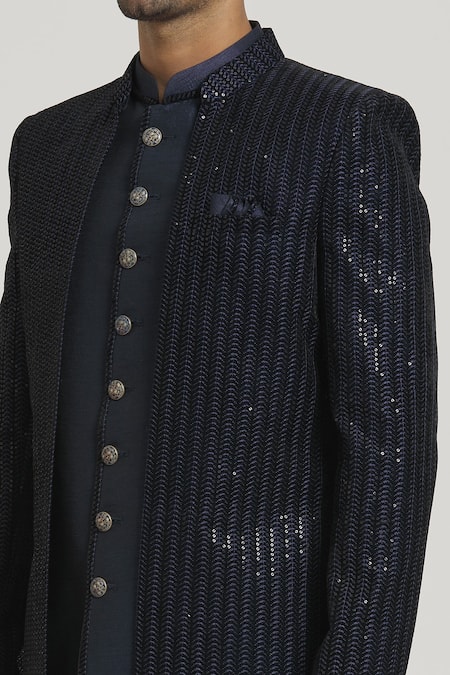 Shop_Arihant Rai Sinha_Blue Velvet, Silk, Acrylic Sequins Work Sherwani And Pant Set _Online_at_Aza_Fashions