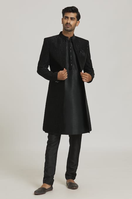 Shop_Arihant Rai Sinha_Black Velvet, Silk Sequins Striped Sherwani And Pant Set _Online_at_Aza_Fashions