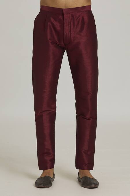 Arihant Rai Sinha_Wine Silk, Brocade Embroidery Floral Pattern Front Open Sherwani Set _at_Aza_Fashions