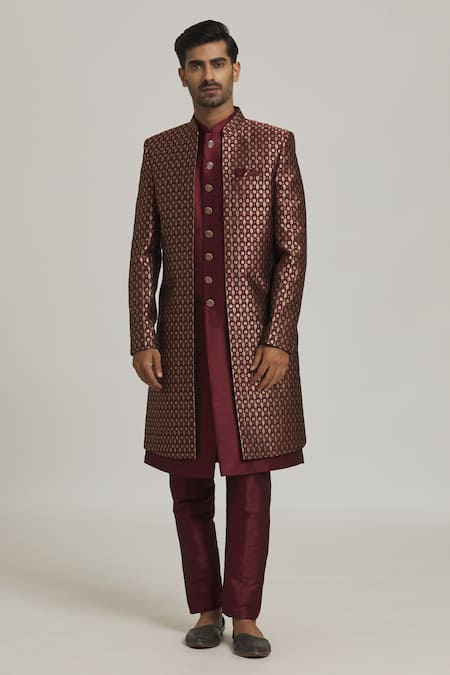 Buy_Arihant Rai Sinha_Wine Silk, Brocade Embroidery Floral Pattern Front Open Sherwani Set _Online_at_Aza_Fashions
