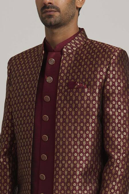 Shop_Arihant Rai Sinha_Wine Silk, Brocade Embroidery Floral Pattern Front Open Sherwani Set _Online_at_Aza_Fashions