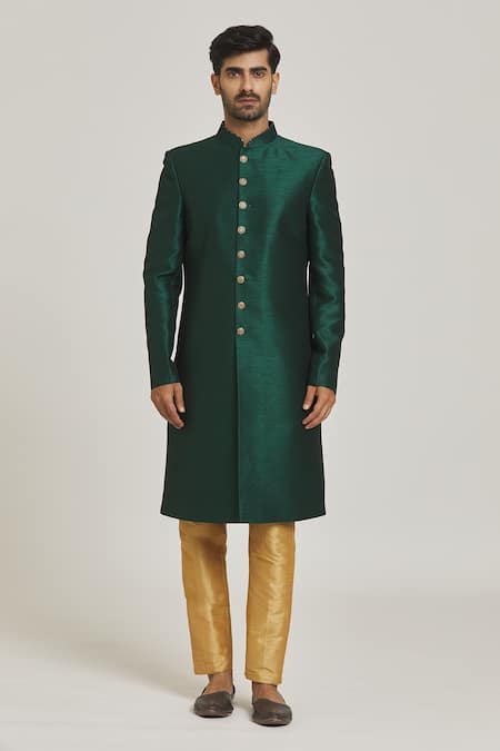 Arihant Rai Sinha_Green Silk, Jacquard Embroidery Floral Pattern Jacket And Sherwani Set _Online_at_Aza_Fashions