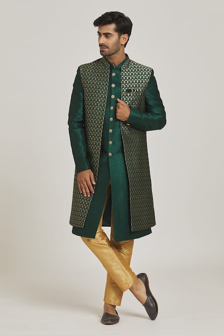 Buy_Arihant Rai Sinha_Green Silk, Jacquard Embroidery Floral Pattern Jacket And Sherwani Set _Online_at_Aza_Fashions