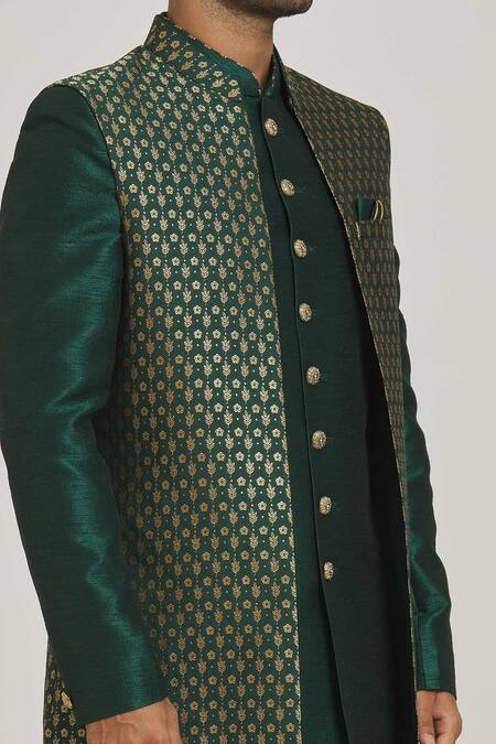 Shop_Arihant Rai Sinha_Green Silk, Jacquard Embroidery Floral Pattern Jacket And Sherwani Set _Online_at_Aza_Fashions