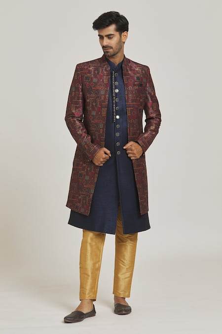 Shop_Arihant Rai Sinha_Maroon Silk Embroidery Geometric Print Sherwani Set _Online_at_Aza_Fashions