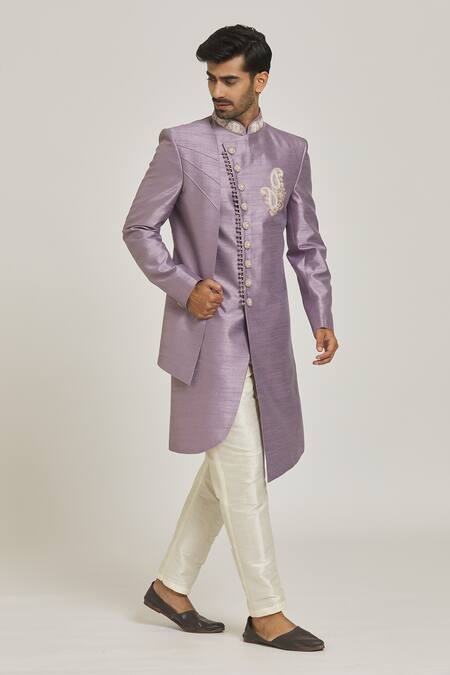 Shop_Arihant Rai Sinha_Purple Silk Embroidery Layered Asymmetric Sherwani Set _Online_at_Aza_Fashions