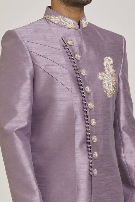 Arihant Rai Sinha_Purple Silk Embroidery Layered Asymmetric Sherwani Set _at_Aza_Fashions