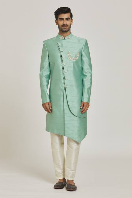 Buy_Samyukta Singhania_Green Silk Embroidery Asymmetric Sherwani Set _Online_at_Aza_Fashions
