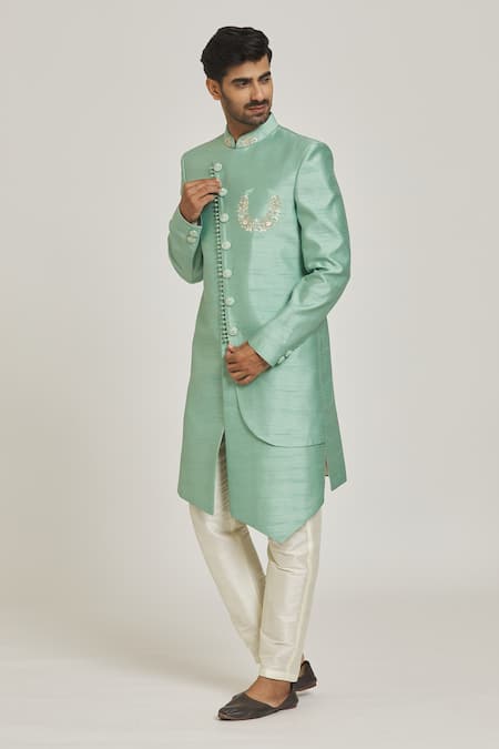 Shop_Samyukta Singhania_Green Silk Embroidery Asymmetric Sherwani Set _Online_at_Aza_Fashions