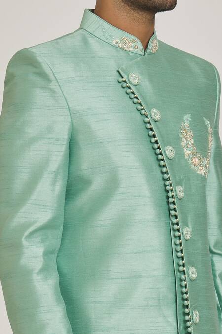 Samyukta Singhania_Green Silk Embroidery Asymmetric Sherwani Set _at_Aza_Fashions