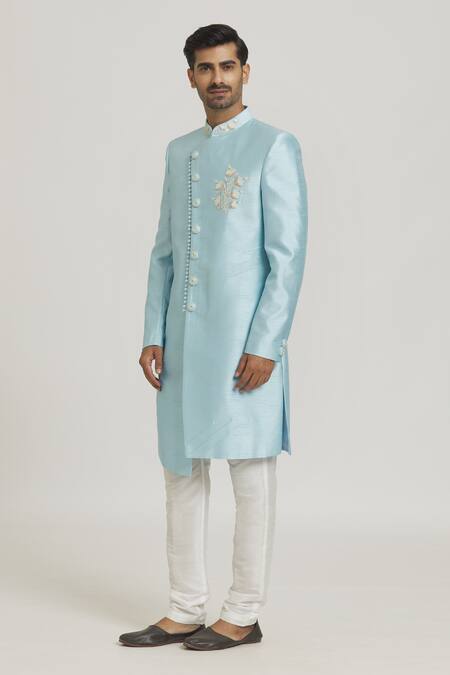 Adara Khan Sky Blue Lining Faux Satin, Pant Dupion Art Placed Embellished Pattern With Online at Aza Fashions Adara Khan_Sky Blue Lining Faux Satin, Pant Dupion Art Placed Embellished Pattern With_Online_at_Aza_Fashions