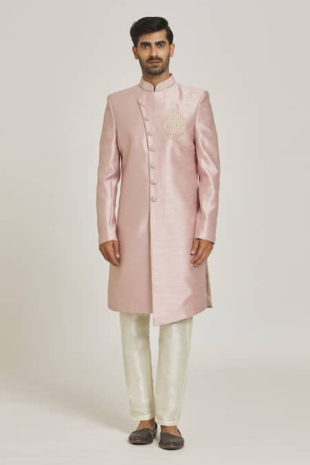 Arihant Rai Sinha_Pink Silk Embroidery Overlap Sherwani And Pant Set _Online_at_Aza_Fashions