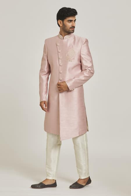 Buy_Arihant Rai Sinha_Pink Silk Embroidery Overlap Sherwani And Pant Set _Online_at_Aza_Fashions
