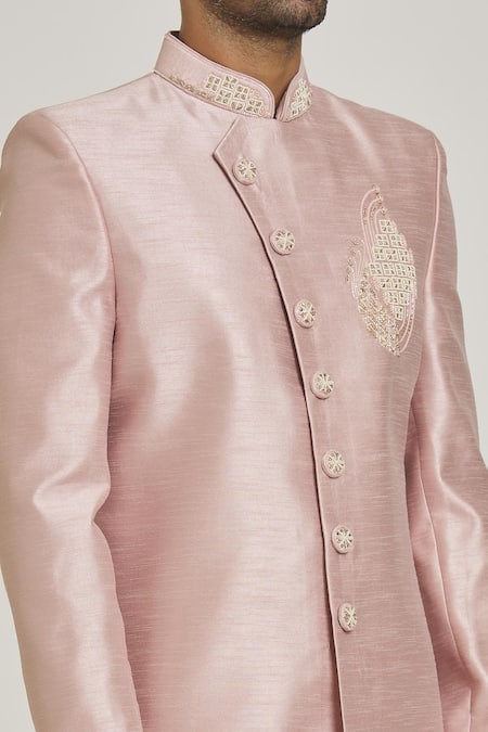 Shop_Arihant Rai Sinha_Pink Silk Embroidery Overlap Sherwani And Pant Set _Online_at_Aza_Fashions