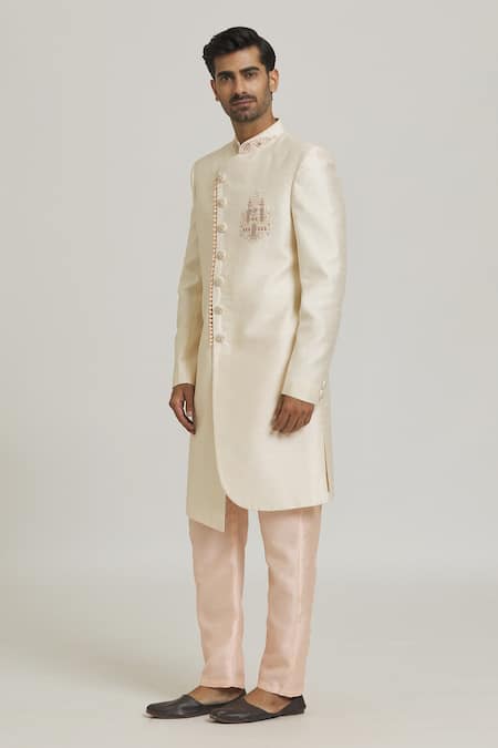 Buy_Arihant Rai Sinha_Cream Silk Embroidery Placed Sequin Sherwani With Pant _Online_at_Aza_Fashions