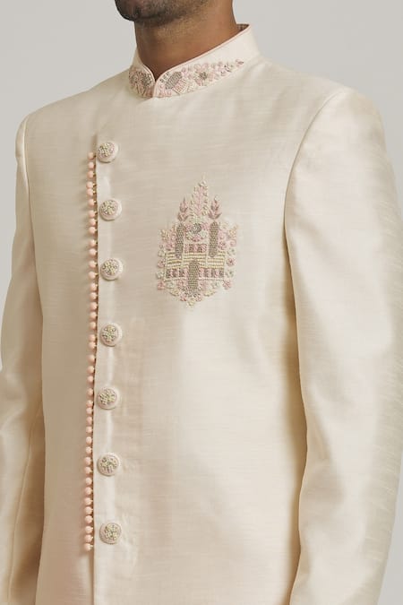 Shop_Arihant Rai Sinha_Cream Silk Embroidery Placed Sequin Sherwani With Pant _Online_at_Aza_Fashions
